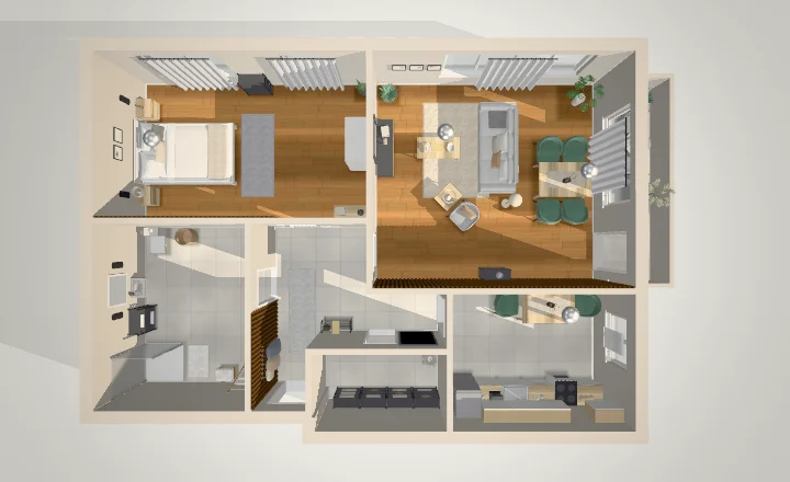 The sample apartment from above, furnished, in the 3D view